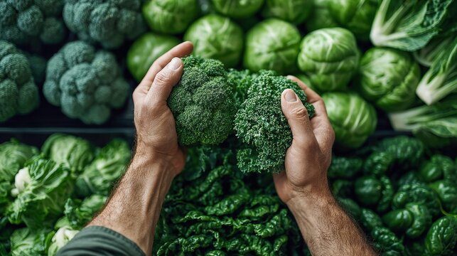 Hands holding fresh broccoli and kale in a vibrant display of green vegetables.