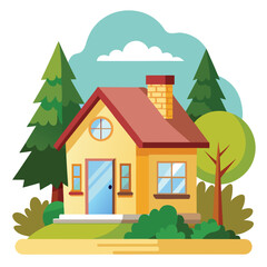 Fototapeta premium Cartoon House Surrounded by Trees and Bushes Keywords: house, home, cottage, building, cartoon