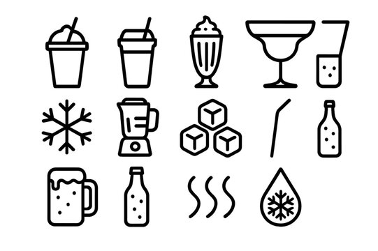 Frozen Drink Icons. Frozen Drinks. Line icon set of Frozen Drinks: slushie cup, smoothie, milkshake, frozen margarita, snowflake symbol, blender, ice cubes,