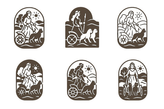 Divine Logo Variations. Ancient gods and goddesses in a mystical landscape. Set Logo of Ancient gods and goddesses in a mystical landscape: Freyja cats. Icon