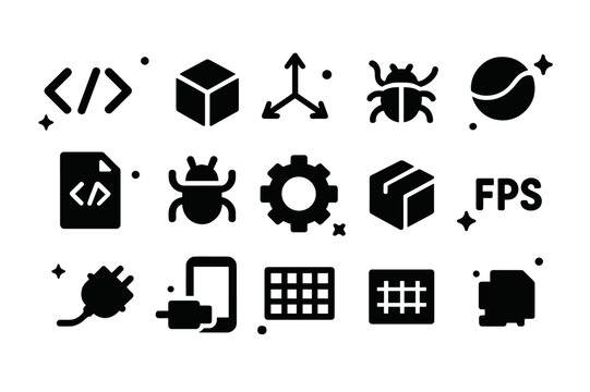 Augmented Reality Icons. augmented reality development. Solid icons set of augmented reality development: code brackets, game engine cube, 3D axis gizmo,