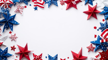 Patriotic Origami Stars Frame on White Background for July 4th Celebration for independence, veterans, memorial day and other patriotic holiday celebrations