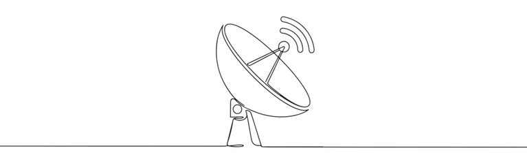 Continuous line drawing of a satellite dish, symbolizing communication and broadcast technology, isolated on a white background