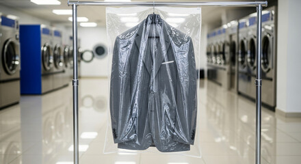 Grey men's suit in dry cleaning cover on rack, modern laundry