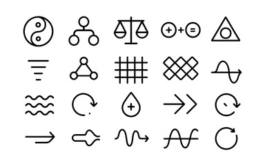 Fototapeta premium Minimalist outline icons collection: science, math, nature, and balance symbols