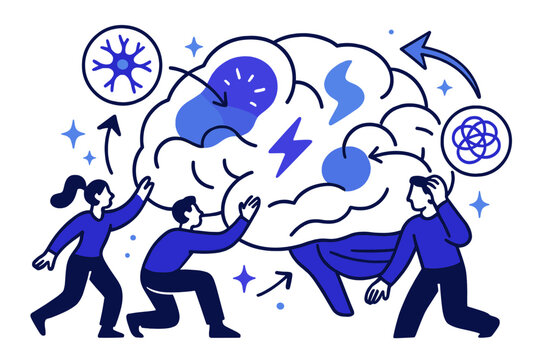Brain Disorders Illustration. Brain disorders and conditions. Abstract illustration of brain disorders showing affected regions with floating neural icons,