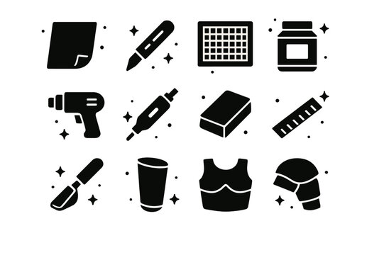 EVA Foam Armor Icons. EVA foam armor building. Solid icons set of EVA foam armor building: EVA foam sheet, craft knife, cutting mat, contact cement, heat gun,