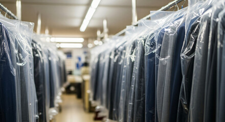Freshly cleaned professional suits in dry cleaning bags
