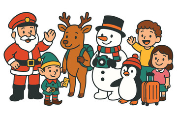 Happy christmas characters together waving hello festive holiday celebration