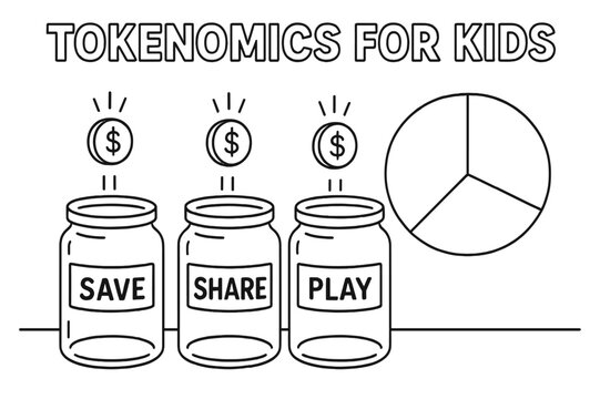Tokenomics Coloring Fun. Tokenomics for kids children?s coloring book illustration, outlined drawing, three jars labeled ?Save,? ?Share,? and ?Play? with