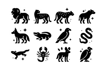 Naklejka premium Savanna Predators Icons. Predators of the Savanna. Solid icons set of Predators of the Savanna: lion, cheetah, leopard, hyena, jackal, crocodile, eagle, snake,