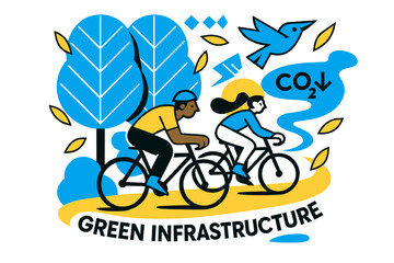 Urban Green Pathways. Green infrastructure ? Urban tree corridors. Cyclists weave through shade; birds and leaves stylize into geometric chevrons. A subtle