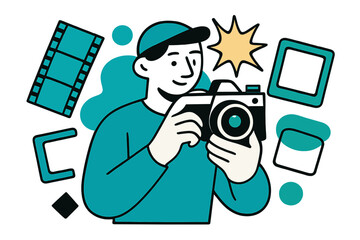 Retro Photography Vibes. Analog capture. A person holding a classic film camera, abstract floating shapes of