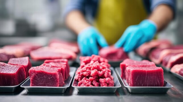 Freshly cut raw meat displayed on trays in a butcher shop.