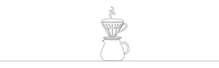 Continuous one line drawing of a coffee pour-over set, featuring a dripper and a carafe, symbolizing artisanal coffee brewing
