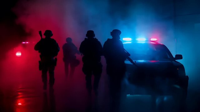 A silhouette of a person standing in front of a police car with its lights on, against a red and blue haze. The person is wearing a helmet and holding a rifle.