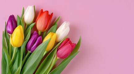Obraz premium Colorful Tulips on Soft Pink Background