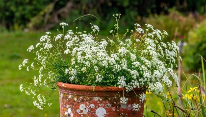 Charming White Flowers in a Decorative Terracotta Pot.