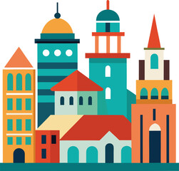 Fototapeta premium Colorful flat illustration of an urban skyline with diverse buildings