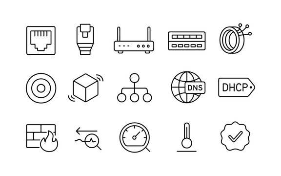 Networking technology icons set including router and firewall symbols in a minimalist linear style