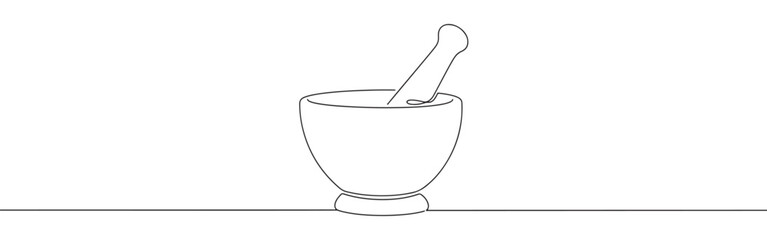 Continuous one line drawing of a mortar and pestle, symbolizing traditional medicine, pharmacy, cooking, and grinding ingredients