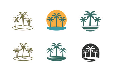 Palm Oasis Logos. Palm oasis. Set Logo of Palm oasis: desert spring with clustered palms. harmonious logo variations of the same emblematic concept, each with