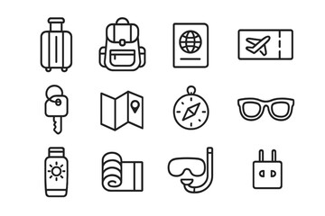 Travel Accessories Icons. travel accessories display. Line icon set of travel accessories display: suitcase, backpack, passport, plane ticket, hotel key, map,