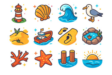 Fototapeta premium Coastal Sunrise Icons. coastal sunrise. Colorful isometric vector icons set of coastal sunrise: lighthouse, seashell, crashing wave, seagull, sandy dunes,