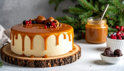 Delicious Caramel Cake with Berries and Chocolate Truffles.