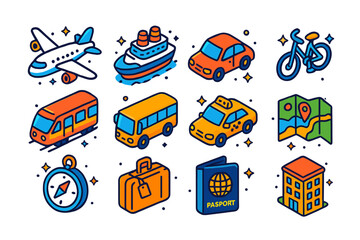 Naklejka premium Colorful Travel Icons. travel. Colorful isometric vector icons set of travel: airplane, ship, car, bicycle, train, bus, taxi, map, compass, suitcase, passport,