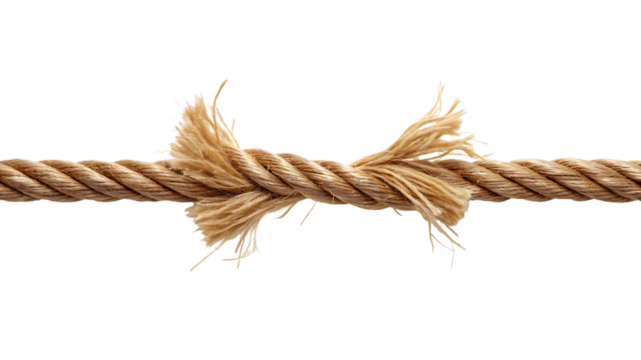 Thick natural fiber rope snapped in half with frayed ends, cutout, PNG isolated on transparent background