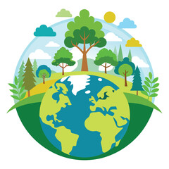 Naklejka premium Earth with Trees, Hills, Clouds and Sun planet globe