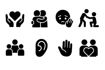 Emotional Support Icons. Emotional support. Filled icon set of emotional support: heart and hands, comforting