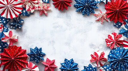 Festive red, white, and blue paper decorations for american holiday celebration for independence, veterans, memorial day and other patriotic holiday celebrations