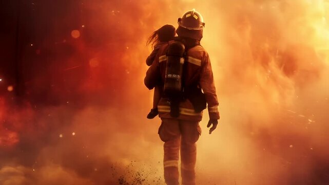 A vivid portrayal of a firefighter carrying a child amidst a raging fire. The firefighter is depicted in a dynamic pose, with the child securely strapped to the back of the firefighters back.