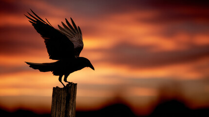 Fototapeta premium Raven landing on fence post at sunset