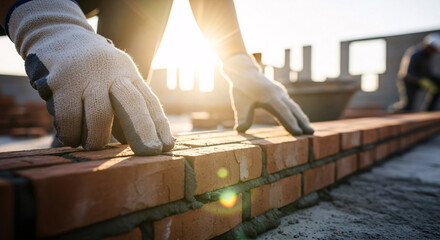 Builders Gloved Hands Laying Bricks on Construction Site at Sunset