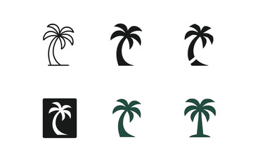 Fototapeta premium Palm Logo Variations. Palm. Set Logo of Palm: solitary palm tree with curved trunk. harmonious logo variations of the same emblematic concept, each with
