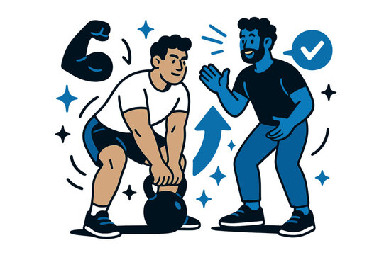 Dynamic Fitness Coaching. Fitness training and personal coaching. Client lifting kettlebells with personal trainer coaching nearby; abstract floating icons, - Powered by Adobe