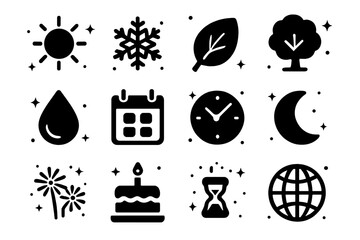 Fototapeta premium Seasonal Icons Grid. Seasons of the Year. Solid icons set of Seasons of the Year: sun, snowflake, leaf, tree, raindrop, calendar, clock, moon, hourglass,