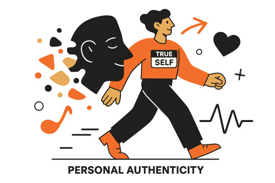 Unmasking True Self. Personal authenticity. A figure steps out from a mask that dissolves into shapes; ?True self? glows on a simple name tag. Heartbeat lines