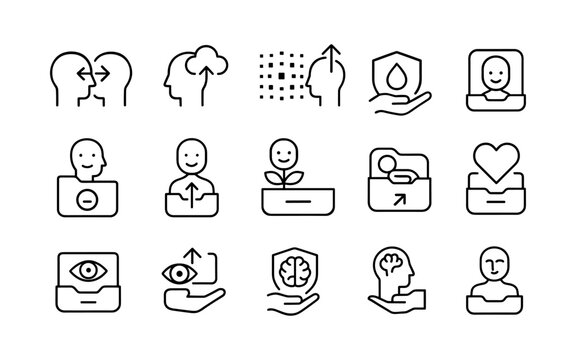 Minimalistic icons depicting technology, communication, and mental health concepts