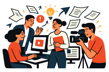 Dynamic Newsroom Collaboration. Newsroom teamwork. Editors, reporters, and cameramen coordinating with glowing