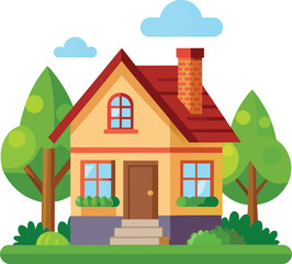 Fototapeta premium Flat design cartoon house with trees and clouds home