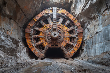 Powerful tunnel boring machine drilling deep underground at industrial construction site.