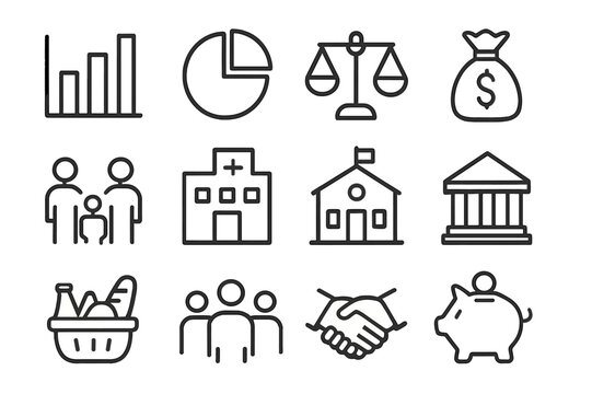 Policy Analysis Icons. Policy analysis. Line icon set of policy analysis: bar chart, pie chart, scale balance, money bag, family, hospital, school, government