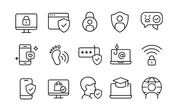 Cybersecurity icon set: linear safe internet, privacy protection, data security, and online safety icons