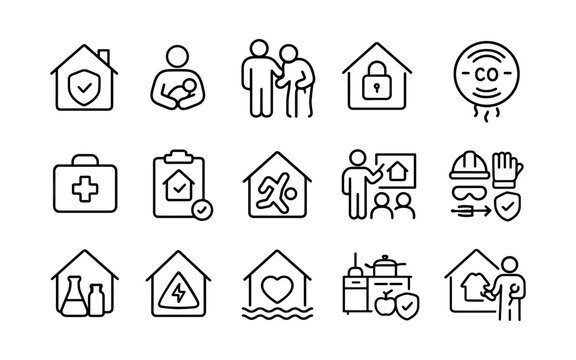 Home safety icons for family protection and emergency preparedness