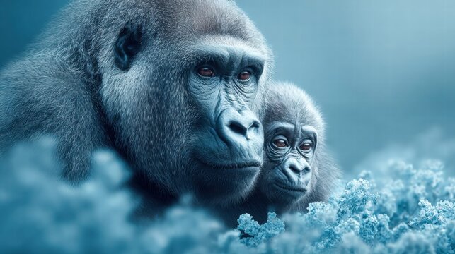 Gorilla mother and baby in a serene, blue-toned portrait, gazing intently.