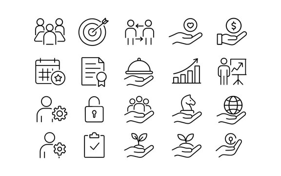 Business and teamwork icons: linear outline set for success and growth